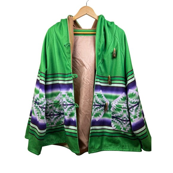 Southwestern Aztec Hooded Coat Womens Sz 6 Green Purple Blanket Jacket Oversized - Picture 2 of 9